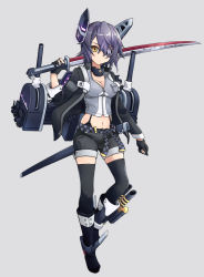Rule 34 | 1girl, adapted costume, alternate costume, black jacket, black shorts, black thighhighs, breasts, cannon, cleavage, eyepatch, full body, grey background, headgear, highres, jacket, kantai collection, machinery, medium breasts, minosu, navel, purple hair, sheath, short hair, shorts, simple background, solo, sword, tenryuu (kancolle), thighhighs, weapon, yellow eyes