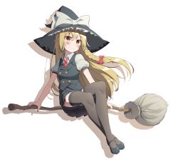 Rule 34 | 1girl, absurdres, bad id, bad pixiv id, black thighhighs, blonde hair, braid, broom, broom riding, commentary, hat, highres, hop3, kirisame marisa, long hair, necktie, pleated skirt, puffy short sleeves, puffy sleeves, short sleeves, sitting, skirt, solo, thighhighs, touhou, vest, white background, witch, witch hat, yellow eyes