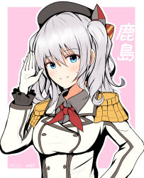 Rule 34 | 1girl, abataa, absurdres, beret, black hat, blue eyes, breasts, buttons, epaulettes, frilled sleeves, frills, gloves, grey hair, hat, highres, jacket, kantai collection, kashima (kancolle), kerchief, long sleeves, medium breasts, military, military jacket, military uniform, neckerchief, red neckerchief, sidelocks, smile, solo, twintails, uniform, upper body, wavy hair, white gloves, white jacket