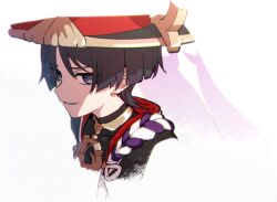 Rule 34 | 1boy, apollo hotori, black hair, blunt ends, from side, genshin impact, gold, hat, jingasa, looking at viewer, male focus, mandarin collar, parted lips, portrait, profile, purple eyes, scaramouche (genshin impact), short hair, simple background, smile, solo, white background