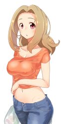 Rule 34 | 1girl, arm at side, blonde hair, blush, breasts, check commentary, cleavage, collarbone, commentary, commentary request, covered erect nipples, crop top, denim, highres, idolmaster, idolmaster cinderella girls, jeans, kurushima gire, large breasts, looking at viewer, manabe itsuki, midriff, navel, open fly, orange shirt, pants, parted lips, pink eyes, shirt, short sleeves, sweat, transparent background, trash bag, wet, wet hair