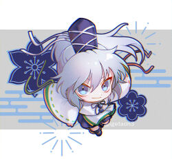 Rule 34 | 1girl, blue eyes, blue hat, blue skirt, chibi, closed mouth, commentary request, egasumi, full body, grey background, grey hair, hat, igetaon3, japanese clothes, kariginu, long hair, long sleeves, looking at viewer, mononobe no futo, pom pom (clothes), ponytail, ribbon-trimmed sleeves, ribbon trim, skirt, smile, solo, tate eboshi, touhou, twitter username