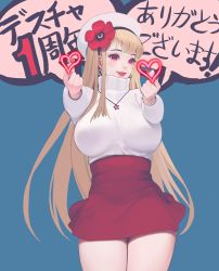 Rule 34 | 1girl, blonde hair, breasts, flower, hat, heart, highres, hyulla, large breasts, lipstick, long hair, makeup, miniskirt, non-web source, original, red eyes, skirt, smile, solo, thighs