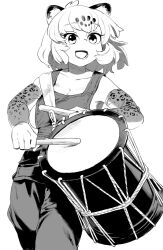 Rule 34 | 1girl, alternate costume, animal ears, animal print, armpits, bare shoulders, bell (hellchan3), breasts, cleavage, collarbone, colored inner hair, cowboy shot, drum, drumsticks, elbow gloves, floating hair, gloves, greyscale, highres, holding, holding drumsticks, instrument, jaguar (kemono friends), jaguar ears, jaguar print, kemono friends, looking to the side, medium breasts, medium hair, monochrome, multicolored hair, music, naked overalls, open mouth, overalls, playing instrument, print gloves, sideboob, simple background, smile, solo, two-tone hair, walking, white background