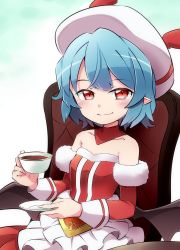Rule 34 | 1girl, alternate costume, bare shoulders, bat wings, blue hair, chair, collarbone, cup, detached sleeves, hat, highres, holding, holding cup, looking at viewer, plate, pointy ears, red eyes, remilia scarlet, short hair, sitting, smile, solo, teacup, touhou, wings, yutamaro