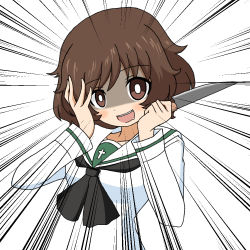 Rule 34 | 10s, 1girl, akiyama yukari, black neckerchief, blouse, bright pupils, brown eyes, brown hair, commentary request, crazy eyes, crazy smile, emphasis lines, girls und panzer, hands on own face, holding, holding knife, holding weapon, ichinose jun, knife, long sleeves, looking at viewer, messy hair, neckerchief, ooarai school uniform, open mouth, partial commentary, saliva, school uniform, serafuku, shirt, short hair, smile, solo, upper body, weapon, white background, white pupils, white shirt, yandere