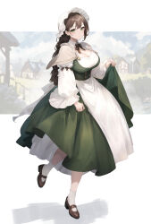 Rule 34 | 1girl, absurdres, apron, baketsu, blurry, blurry background, bow, bowtie, braid, braided ponytail, breasts, brown bow, brown bowtie, brown footwear, brown hair, buttons, capelet, cleavage, closed mouth, double-breasted, dress, full body, green dress, green eyes, highres, large breasts, long hair, long sleeves, original, skirt hold, socks, solo, village, waist apron, white capelet, white headwear, white socks