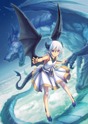 Rule 34 | 1girl, bare arms, black nails, breasts, claw pose, cloud, commentary request, dragon, dragon girl, dragon horns, dragon tail, dragon wings, dress, fang, fang out, floating, hair between eyes, highres, horns, looking at viewer, medium hair, nail polish, original, pointy ears, purple eyes, scales, sidelocks, silver hair, sleeveless, sleeveless dress, small breasts, tail, tenmaso, white dress, wings