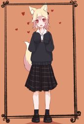 Rule 34 | 1girl, :d, animal ear fluff, animal ears, black footwear, black skirt, black socks, black sweater, blush, borrowed character, brown background, collared shirt, commentary request, domaso (sowdma2), dress shirt, fang, fox ears, fox girl, fox tail, full body, hair between eyes, hands up, heart, highres, kemomimi-chan (naga u), loafers, long sleeves, open mouth, original, pleated skirt, purple eyes, ribbed legwear, shirt, shoes, skirt, sleeves past fingers, sleeves past wrists, smile, socks, solo, standing, sweater, tail, white shirt