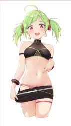 Rule 34 | 1girl, :d, absurdres, ahoge, arm strap, bare shoulders, black shirt, black skirt, bracelet, breasts, clothes pull, commission, crop top, cropped legs, delutaya, duplicate, earrings, envyvanity, green hair, hair ornament, highres, indie virtual youtuber, jewelry, long hair, looking at viewer, midriff, miniskirt, mole, mole under eye, nail polish, navel, open mouth, panties, pink panties, red eyes, shirt, simple background, skindentation, skirt, skirt pull, sleeveless, sleeveless shirt, small breasts, smile, solo, stomach, thigh strap, twintails, underwear, virtual youtuber, white background