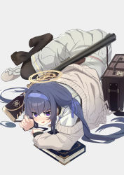 Rule 34 | 1girl, absurdres, bags under eyes, black pantyhose, blue archive, blue hair, blue hairband, blue ribbon, book, cardigan, collared shirt, fang, grey background, gun, hair between eyes, hair ribbon, hairband, halo, highres, jitome, kilabo, long hair, looking at viewer, low twintails, luggage, lying, on stomach, open mouth, pantyhose, pleated skirt, purple eyes, ribbon, rifle, shirt, simple background, skin fang, skirt, slippers, unworn slippers, smile, solo, sweat, twintails, ui (blue archive), very long hair, weapon, white shirt, white skirt