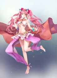 Rule 34 | 1girl, animal ears, barefoot, belly chain, bracelet, cat ears, dancer, flower, full body, hair flower, hair ornament, highres, jewelry, long hair, looking at viewer, midriff, nail polish, navel, necklace, original, pink eyes, pink hair, puky, shoulder tattoo, skirt, smile, solo, tattoo, twintails, very long hair, yellow eyes