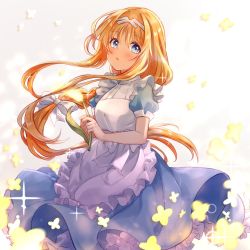 Rule 34 | 1girl, alice zuberg, apron, blonde hair, blue eyes, blue shirt, blue skirt, blush, bow, braid, braided ponytail, floating hair, flower, frilled skirt, frills, hair between eyes, hair bow, hair intakes, hairband, highres, holding, holding flower, hozumi rino, long hair, long skirt, looking at viewer, low-tied long hair, open mouth, shirt, short sleeves, simple background, skirt, solo, sparkle, standing, sword art online, sword art online: alicization, very long hair, white apron, white background, white bow, white hairband