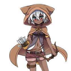 Rule 34 | 1girl, armlet, arrow (projectile), bow (weapon), cloak, dark skin, dark-skinned female, highres, holster, hood, hooded cloak, looking at viewer, mole, mole under eye, navel, original, quiver, red eyes, shirasu youichi, short hair, shorts, silver hair, simple background, solo, thigh holster, weapon