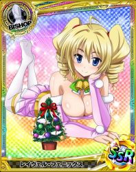 Rule 34 | 1girl, ahoge, bare shoulders, bishop (chess), blonde hair, blue eyes, blush, breasts, card (medium), character name, chess piece, christmas, cleavage, drill hair, high school dxd, large breasts, long hair, looking at viewer, official art, ravel phenex, smile, solo, trading card, twin drills
