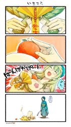 Rule 34 | 10s, 2girls, 4koma, alternate costume, artist name, atago (kancolle), baseball bat, beret, between breasts, black hair, blonde hair, breasts, collarbone, comic, fingernails, floral print, food, food on body, food on breasts, fruit, hat, head bump, highres, japanese clothes, kagami mochi, kantai collection, kimono, large breasts, long hair, long sleeves, mandarin orange, multiple girls, new year, nonco, nude, open mouth, oppai mochi, orange (fruit), pan-pa-ka-paaan!, pasties, sash, short hair, shrimp, takao (kancolle), translation request, wide sleeves