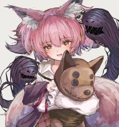 Rule 34 | 1girl, absurdres, animal ears, arknights, chestnut mouth, commentary, donata (donatasama), fox ears, fox girl, fox tail, ghost, highres, holding, holding stuffed toy, looking at viewer, open mouth, pink hair, red eyes, shamare (arknights), short hair, simple background, solo, stuffed fox, stuffed toy, tail, upper body, white background