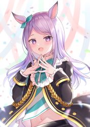 Rule 34 | 1girl, :d, animal ears, aqua bow, aqua ribbon, black jacket, black skirt, blush, bow, commentary, confetti, cowboy shot, ear ribbon, flat chest, frilled jacket, frills, highres, horse ears, horse girl, jacket, long hair, long sleeves, looking at viewer, mejiro mcqueen (umamusume), midriff, navel, neco meito, open clothes, open jacket, open mouth, own hands together, parted bangs, purple eyes, purple hair, ribbon, shirt, sidelocks, simple background, skirt, sleeve cuffs, smile, solo, standing, striped clothes, striped shirt, swept bangs, umamusume, white background