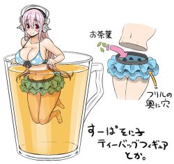Rule 34 | 1girl, bikini, blush, breasts, cleavage, cup, drinking glass, glass, headphones, large breasts, long hair, looking at viewer, navel, nitroplus, open mouth, pink eyes, pink hair, smile, solo, super sonico, swimsuit, tea, translation request, tsuji santa