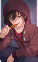 Rule 34 | 1boy, absurdres, biting, black pants, border, brown hair, charlotte (anime), collarbone, commentary request, eating, food, grey border, highres, holding, holding food, hood, hood up, hooded jacket, in mouth, jacket, long sleeves, looking at viewer, male focus, open clothes, otosaka yuu, outside border, pants, red hood, sekina, short hair, solo, squatting, teeth