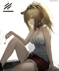 Rule 34 | 1girl, absurdres, animal ears, arknights, artist name, bare arms, bare shoulders, black collar, blonde hair, blurry, breasts, cleavage, closed mouth, collar, expressionless, feet out of frame, fur-trimmed shorts, fur trim, highres, holding, knee up, large breasts, looking at viewer, medium breasts, medium hair, red shorts, shorts, siege (arknights), signature, sitting, sleeveless, solo, tank top, tomatoketchup96, white background, white tank top, yellow eyes