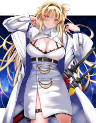 Rule 34 | 1girl, belt, black belt, black bra, blonde hair, bra, breasts, cleavage, cleavage cutout, closed mouth, clothing cutout, coat, commentary request, dress, fate testarossa, hairband, highres, large breasts, long hair, looking at viewer, lyrical nanoha, mahou shoujo lyrical nanoha strikers, red eyes, smile, solo, sougetsu izuki, underwear, very long hair, white coat, white dress