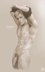 Rule 34 | 1boy, abs, absurdres, art of neight, bolo tie, clothes lift, erwin smith, highres, male focus, monochrome, muscular, muscular male, nude, penis, pubic hair, sepia, shingeki no kyojin, shirt lift, solo