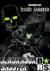 Rule 34 | 10s, 1girl, black rock shooter, character name, checkered background, dead master, green eyes, horns, looking at viewer, millelunar, solo, star (symbol)