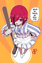 Rule 34 | 10qi, 1girl, absurdres, alternate hairstyle, apron, black hair, british english text, broom, circle, dress, freckles, frilled apron, frilled dress, frills, hair over one eye, hand on own hip, highres, holding, holding broom, long sleeves, looking at viewer, multicolored hair, orange background, outline, red hair, short hair, solo, speech bubble, streaked hair, striped clothes, striped dress, two-tone background, wendy&#039;s, wendy (wendy&#039;s), white apron, white outline