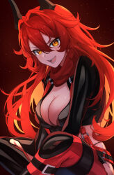 Rule 34 | 1girl, :d, absurdres, ahoge, aoi zerii, between legs, black jacket, black pants, breasts, cleavage, commentary, cropped jacket, fang, goddess of victory: nikke, hair between eyes, hair intakes, hand between legs, highres, hip vent, horns, indian style, jacket, large breasts, leather, leather jacket, leather pants, long hair, long sleeves, looking at viewer, mechanical horns, open mouth, pants, red background, red hair, red hood (nikke), red scarf, scarf, sidelocks, simple background, sitting, skindentation, smile, solo, suspenders, teeth, tongue, yellow eyes