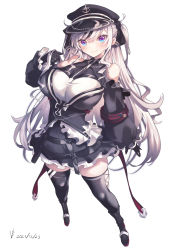 Rule 34 | 1girl, absurdres, azur lane, bare shoulders, black dress, black footwear, black gloves, black hat, black ribbon, black thighhighs, boots, breasts, clothing cutout, cross, dated, dress, elbe (azur lane), full body, gloves, hair ribbon, hat, highres, iparupua, iron cross, large breasts, layered dress, leotard, long hair, looking at viewer, peaked cap, puffy sleeves, purple eyes, ribbon, shoulder cutout, simple background, solo, thighhighs, two-tone dress, very long hair, white background, white leotard, zettai ryouiki