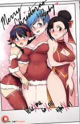 Rule 34 | 3girls, alternate hairstyle, black eyes, black hair, blue eyes, blue hair, bow, breasts, bulma, chi-chi (dragon ball), china dress, chinese clothes, christmas, cleavage, cleavage cutout, clothing cutout, commentary, covered erect nipples, covered navel, crop top, detached sleeves, dragon ball, dragon ball super, dress, english commentary, english text, hair bow, hair bun, hairband, halterneck, highres, large breasts, medium breasts, merry christmas, microskirt, multiple girls, open mouth, patreon logo, pelvic curtain, photo (object), puffphox, red hairband, red nails, short dress, short hair, single hair bun, skirt, smile, strapless, strapless dress, thighhighs, videl, watermark, web address, zettai ryouiki