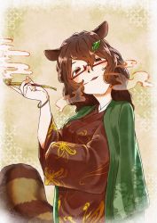 Rule 34 | 1girl, absurdres, brown background, brown eyes, brown kimono, byoubyou99, futatsuiwa mamizou, glasses, highres, holding, holding smoking pipe, japanese clothes, kimono, leaf, leaf on head, long sleeves, looking at viewer, open mouth, raccoon girl, raccoon tail, short hair, smoke, smoking, smoking pipe, solo, tail, touhou