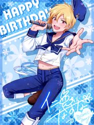 Rule 34 | 10s, 1boy, artist name, blonde hair, boots, brown footwear, ensemble stars!, floral background, foreshortening, hat, highres, idol, male focus, microphone, navel, nito nazuna, open mouth, outstretched arm, ponsu (ponzuxponzu), red eyes, round teeth, sailor, sailor collar, sailor hat, smile, solo, teeth