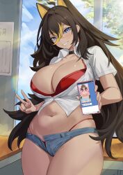 Rule 34 | 1girl, absurdres, amesuku gyaru, animal ears, areola slip, black choker, black hair, blonde hair, blue eyes, blue shorts, blush, bra, breasts, cellphone, choker, cleavage, collarbone, collared shirt, commission, covering breasts, covering nipples, covering privates, crossed bangs, curvy, dark-skinned female, dark skin, dehya (genshin impact), denim, denim shorts, genshin impact, grin, gyaru, hair between eyes, highres, holding, holding phone, kogal, large breasts, long hair, looking at viewer, multicolored hair, multiple views, navel, open clothes, open shirt, panties, phone, pink shirt, pixiv commission, red bra, red panties, shio05 (05 sio), shirt, short shorts, shorts, sidelocks, smartphone, smile, solo, solo focus, standing, stomach, tan, tanline, thick thighs, thighs, two-tone hair, unbuttoned, underwear, v, very long hair, white shirt, window