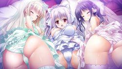 3-nin_iru! 3girls bell blonde_hair blush breasts cleavage dress closed_eyes game_cg headband kuga_valencia_reiri long_hair mibuno_suzume multiple_girls nakase_nagisa nipples open_mouth purple_hair red_eyes short_hair suzui_narumi wedding_dress