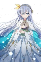 Rule 34 | 1girl, anastasia (fate), blue cape, blue eyes, cape, closed mouth, crown, doll, dress, earrings, expressionless, eyes visible through hair, fate/grand order, fate (series), grey hair, hair ribbon, hairband, holding, holding doll, jewelry, layered dress, light particles, long hair, long sleeves, looking at viewer, ribbon, single earring, solo, standing, straight hair, very long hair, white dress, wide sleeves, yellow hairband, yellow ribbon, yukiya (shiya)