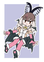 Rule 34 | 1girl, absurdres, animal ears, bat ears, bat girl, bat wings, blue background, brown eyes, brown hair, brown long-eared bat (kemono friends), elbow gloves, extra ears, fingerless gloves, full body, gloves, grey hair, highres, kemono friends, kemono friends v project, leotard, long hair, looking at viewer, microphone, pantyhose, shoes, simple background, skirt, solo, virtual youtuber, wellwich, wings