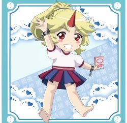 Rule 34 | 1girl, aged down, alternate hairstyle, arms up, artist name, barefoot, blonde hair, blue background, blue border, blush stickers, border, box, chain, character name, chibi, commentary, cuffs, doily, food, fruit, grin, highres, holding, holding box, horns, hoshiguma yuugi, long hair, looking at viewer, milk carton, outstretched hand, pleated skirt, ponytail, puffy short sleeves, puffy sleeves, red eyes, remyfive, resolution mismatch, shackles, shirt, short sleeves, single horn, skirt, smile, solo, source smaller, strawberry, thick eyebrows, touhou, translated, two-tone skirt, white shirt, yin yang