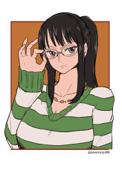 Rule 34 | 1girl, adjusting eyewear, aosora2823, black hair, breasts, closed mouth, commentary request, glasses, highres, large breasts, long hair, long sleeves, looking at viewer, nico robin, nico robin (strong world), one piece, one piece: strong world, ponytail, portrait, shirt, solo, striped clothes, striped shirt