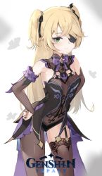 Rule 34 | blonde hair, bodystocking, bow, brown sleeves, chuunibyou, eyepatch, fischl (genshin impact), fishnets, garter straps, genshin impact, gloves, green eyes, hair over one eye, haru on, highres, looking at viewer, purple bow, purple neckwear, single glove, single leg pantyhose, single thighhigh, smile, solo, thighhighs, two side up