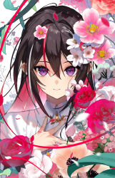 1girl absurdres ascot azki_(4th_costume)_(hololive) azki_(hololive) closed_mouth collared_dress colored_inner_hair commentary_request double-parted_bangs dress falling_petals flower hair_between_eyes hair_intakes hand_on_own_chest highres hololive long_hair looking_at_viewer mole mole_under_eye multicolored_hair official_alternate_costume official_alternate_hairstyle petals pink_flower pink_hair pink_nails purple_eyes red_flower scottie_(phantom2) sidelocks smile solo straight-on streaked_hair upper_body virtual_youtuber white_ascot white_dress white_flower white_hair