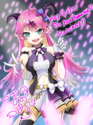 Rule 34 | 1girl, absurdres, alternate costume, arm strap, asymmetrical horns, bare shoulders, bow, breasts, demon girl, demon horns, demon tail, english text, eyes visible through hair, garter straps, gloves, glowstick, hair ornament, highres, holding, holding with tail, hololive, horn bow, horn ornament, horns, long hair, looking at viewer, mano aloe, microphone, midriff, navel, open mouth, pointy ears, prehensile tail, shirt, skirt, sleeveless, sleeveless shirt, solo, soten bluesky, tail, thighhighs, uneven horns, virtual youtuber, white gloves, wrist cuffs