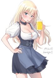 Rule 34 | 1girl, alcohol, alternate costume, apron, beer, bismarck (kancolle), blonde hair, blue eyes, blush, breasts, cup, dress, german clothes, holding, holding cup, kantai collection, kurage1, large breasts, long hair, looking at viewer, oktoberfest, one-hour drawing challenge, open mouth, short sleeves, simple background, solo, twitter username, underbust, white background