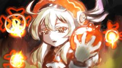 Rule 34 | 1girl, :d, ahoge, aura, dress, feathers, flaming eyes, frown, genshin impact, graphite (medium), hair between eyes, hat, hat feather, heonu, highres, klee (genshin impact), long hair, long sleeves, looking at viewer, low twintails, open mouth, red dress, red eyes, red hat, smile, solo, traditional media, twintails, white feathers