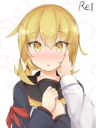 Rule 34 | blonde hair, collarbone, etsuransha no rei, hand on another&#039;s cheek, hand on another&#039;s face, hands on own chest, highres, kantai collection, long hair, looking at viewer, sailor collar, satsuki (kancolle), school uniform, serafuku, signature, twintails, yellow eyes
