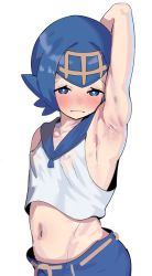 Rule 34 | 1girl, arm behind head, arm up, armpits, blue eyes, blue hair, blue sailor collar, blush, breasts, centvie, closed mouth, collarbone, covered erect nipples, creatures (company), female focus, game freak, hairband, highres, lana (pokemon), looking at viewer, navel, nintendo, pokemon, pokemon sm, presenting armpit, sailor collar, shirt, short hair, simple background, sleeveless, sleeveless shirt, small breasts, solo, standing, stomach, white background, white shirt, yellow hairband