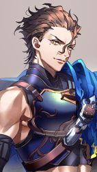 Rule 34 | 1boy, armor, bare shoulders, belt, blue cape, breastplate, brown hair, cape, closed mouth, diarmuid ua duibhne (saber) (fate), fate/grand order, fate (series), grey background, hair slicked back, diarmuid ua duibhne (lancer) (fate), looking at viewer, male focus, mole, mole under eye, simple background, smile, solo, tenobe, upper body, yellow eyes