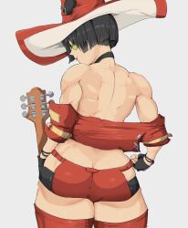 Rule 34 | abs, bare shoulders, black hair, bob cut, boots, choker, electric guitar, glasses, guilty gear, guilty gear strive, guitar, hat, highres, i-no, instrument, lips, mole, muscular, red footwear, red hat, red lips, short hair, thigh boots, witch hat, yoracrab