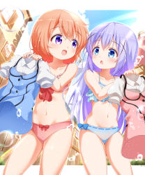 Rule 34 | 2girls, absurdres, blue eyes, blue hair, bow, bow panties, bra, bubble, unworn clothes, clothesline, cloud, collarbone, day, eye contact, fence, gochuumon wa usagi desu ka?, highres, hoto cocoa, house, kafuu chino, letterboxed, light blue hair, light blush, long hair, looking at another, multiple girls, navel, open mouth, orange hair, outdoors, painter-lhb, panties, purple eyes, rabbit house uniform, short hair, sky, smile, sunlight, underwear, underwear only, very long hair, window, wooden fence